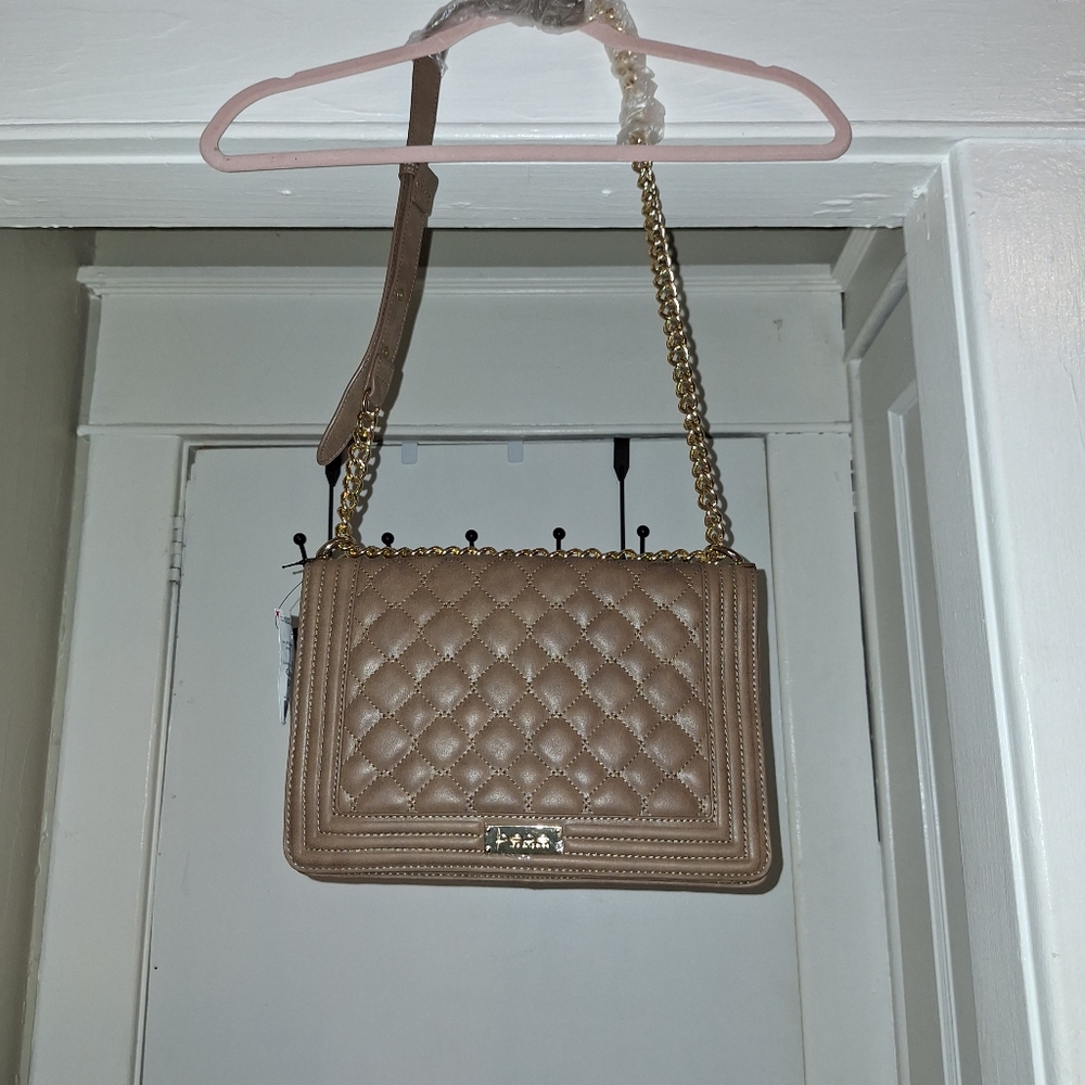 Bebe Los Angeles  Tan Faux Leather Quilted Shoulder Bag Gold Hardware